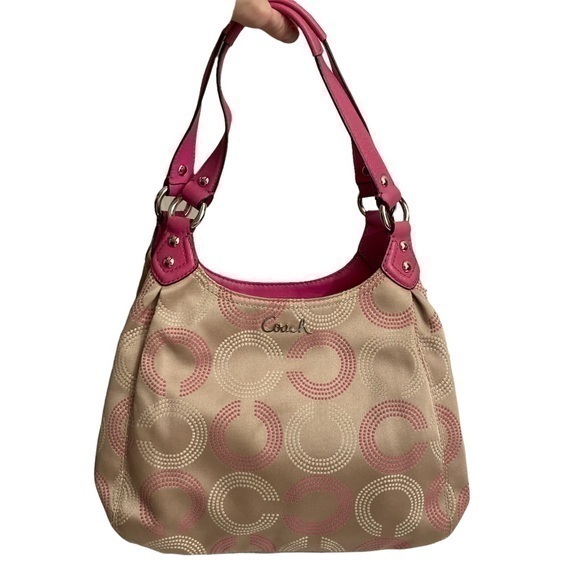 Coach Ashley y2kF21920 Dotted Op Art Khaki/Fuchsia pink Sateen Hobo Bag